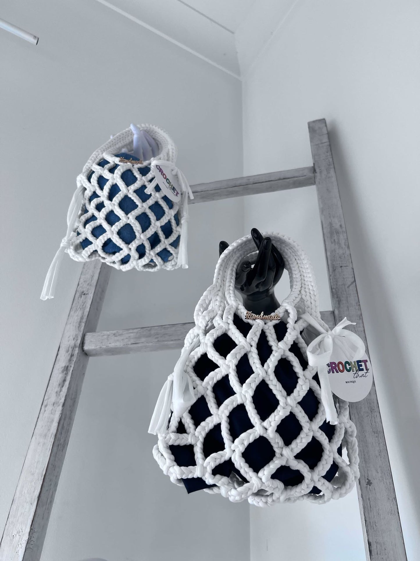The MINI Bella Net Bag White w' Denim insert fabric bag