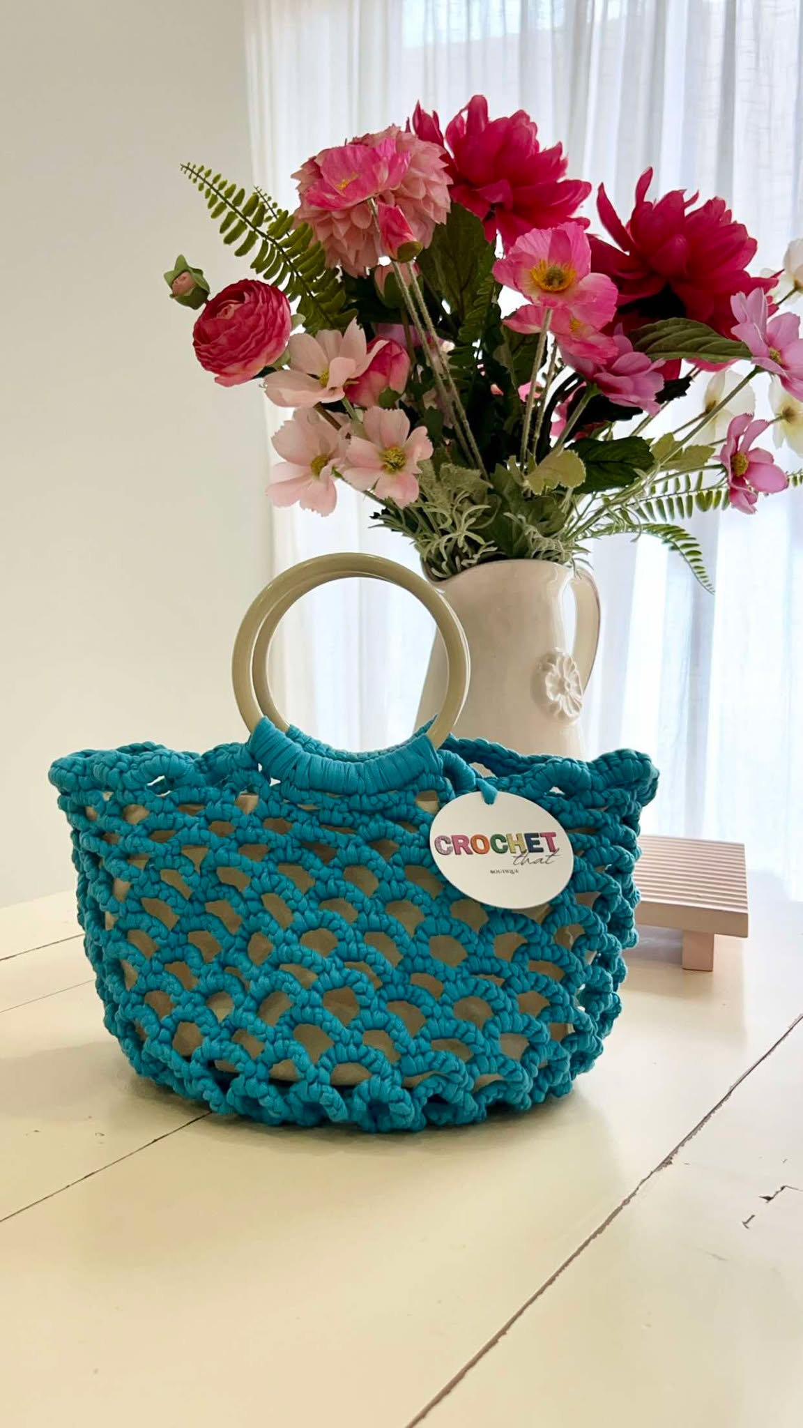 Netted Market Style Bag w Fabric insert bag Aqua