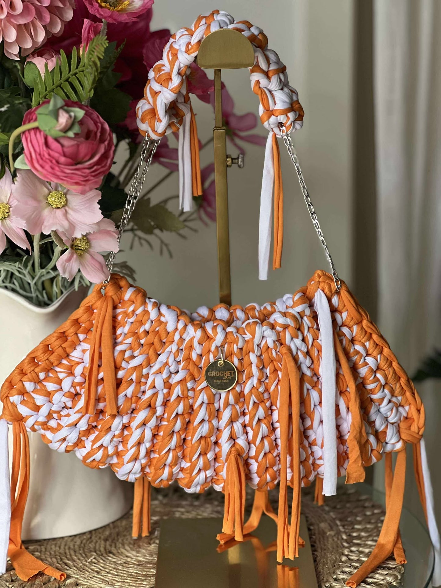 The Joy Bag Large Multi Orange/white w silver chain handle