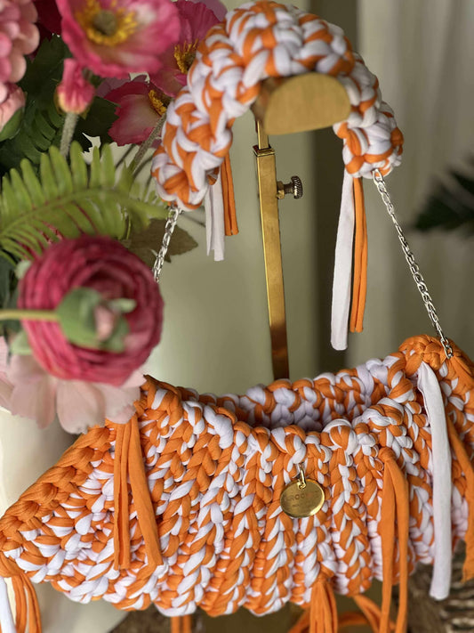 The Joy Bag Large Multi Orange/white w silver chain handle