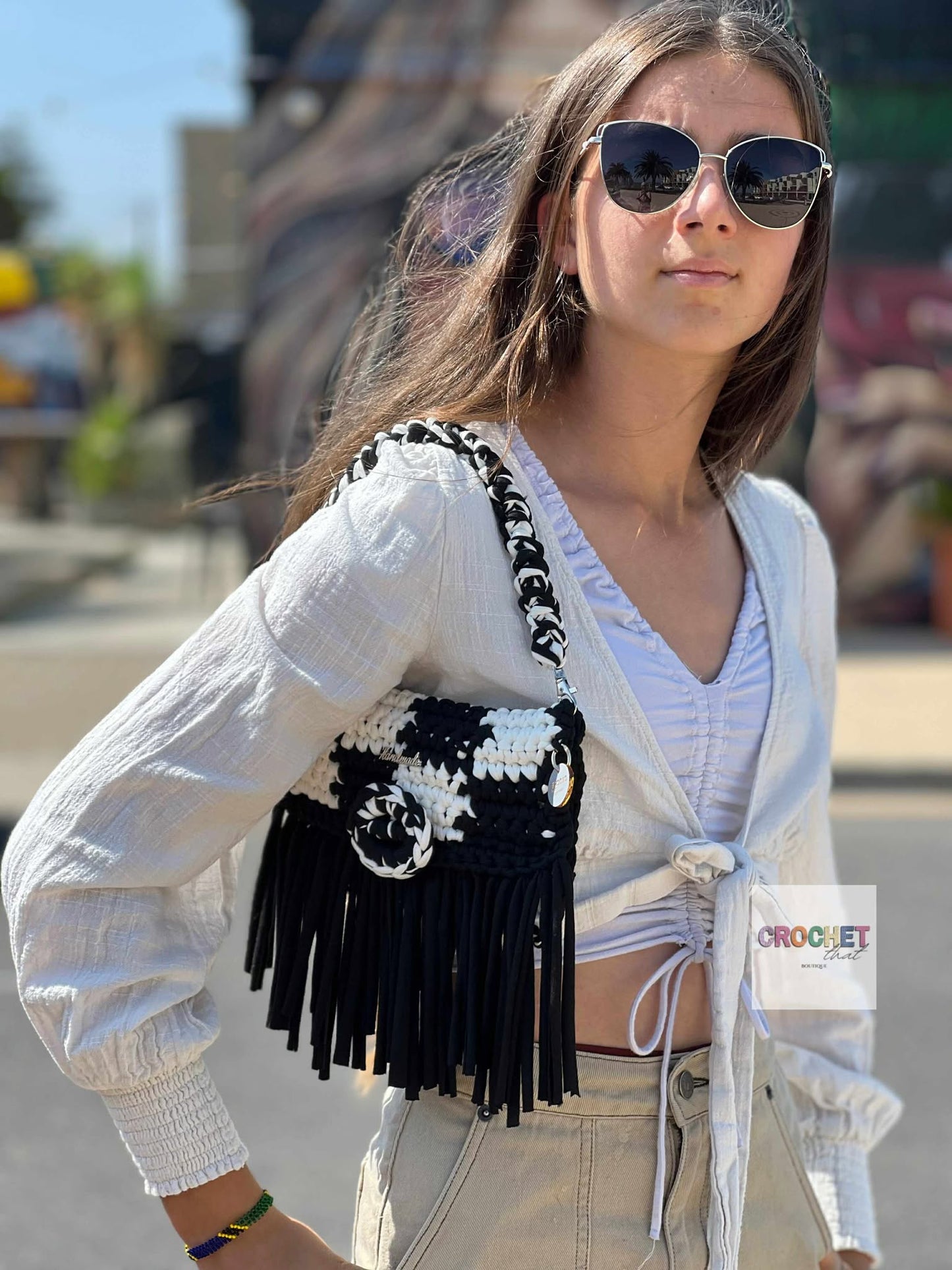 The Checker Girl Clutch Denim/Green