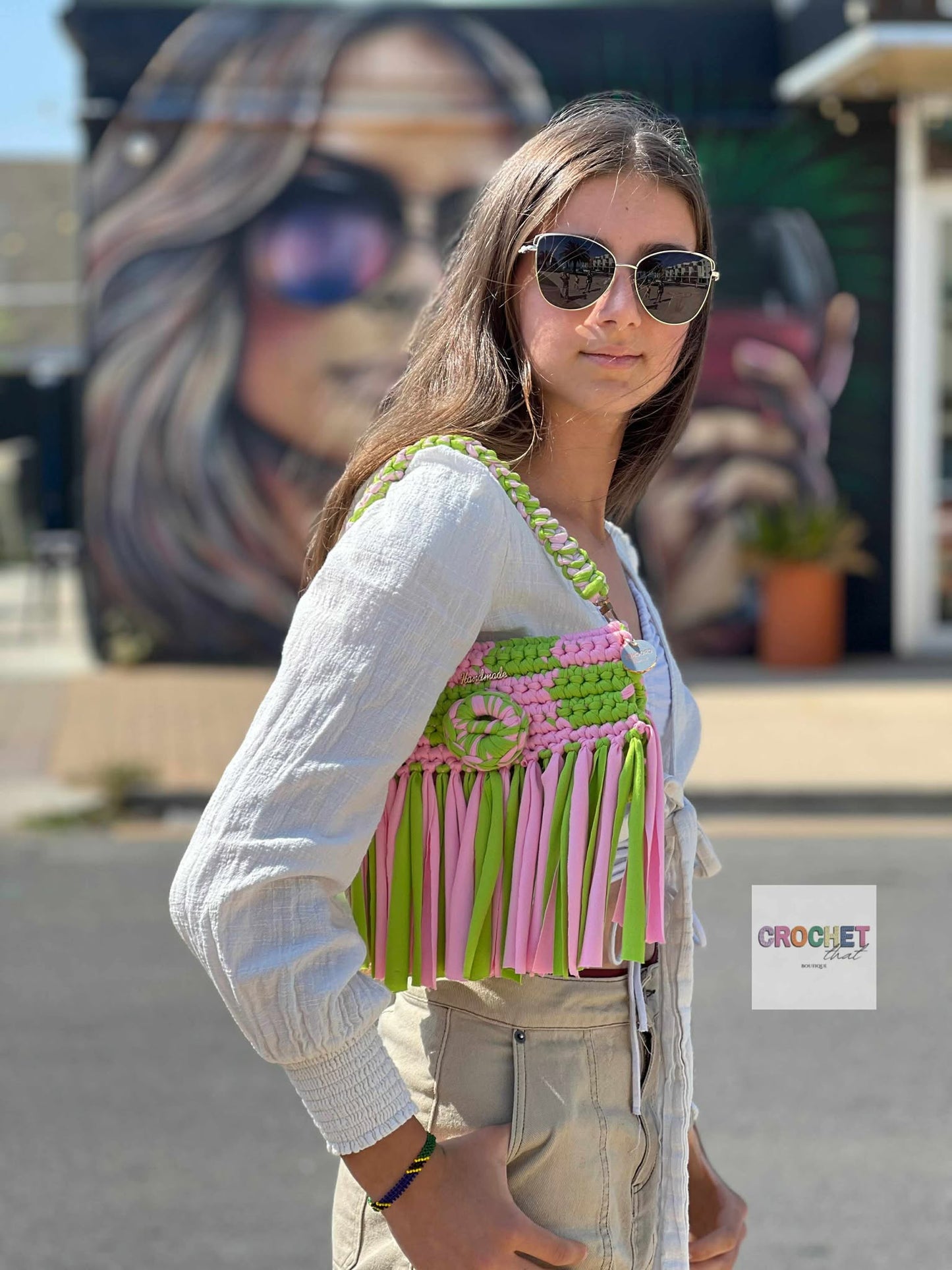 The Checker Girl Clutch Denim/Green