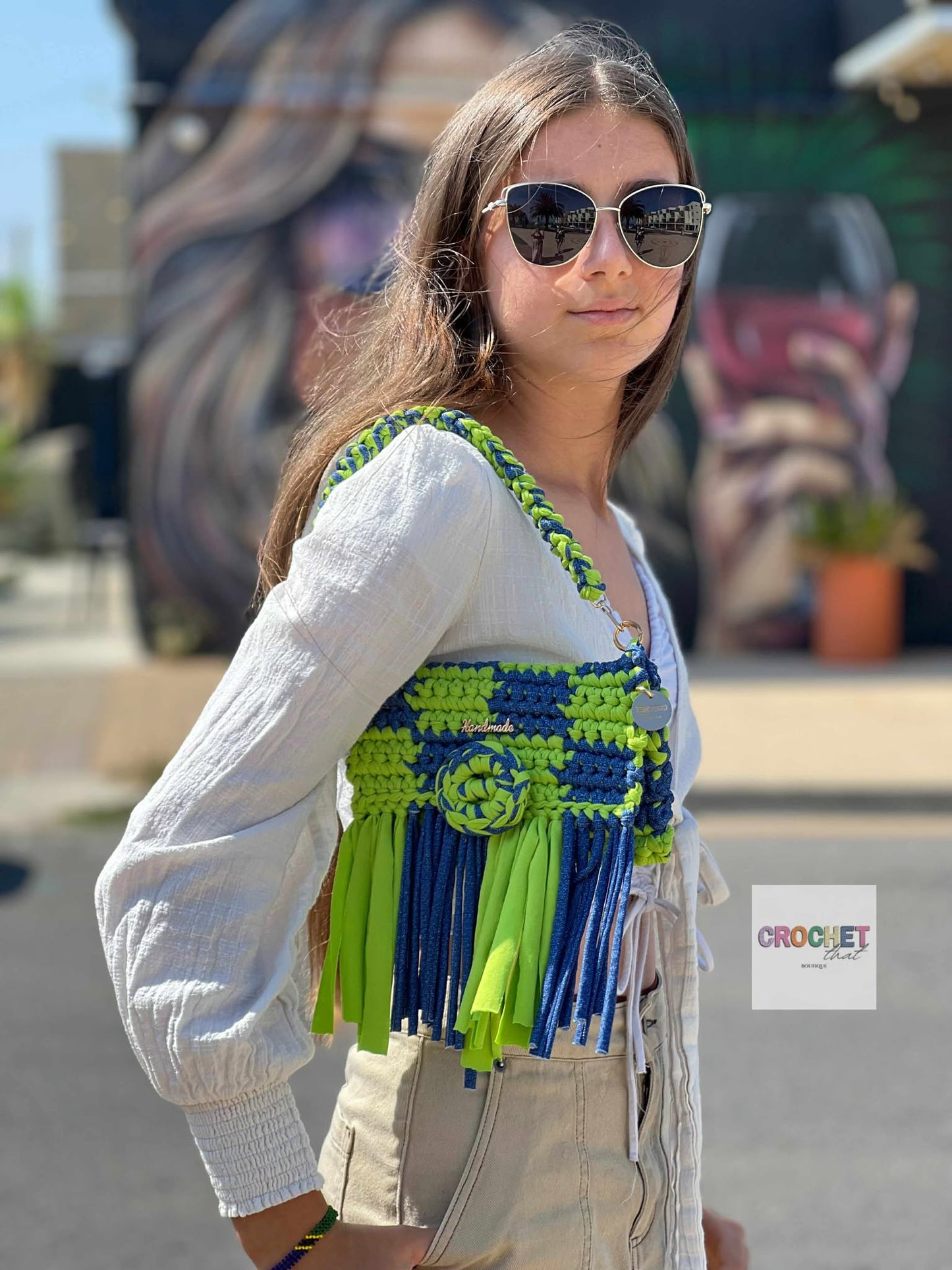 The Checker Girl Clutch Denim/Green